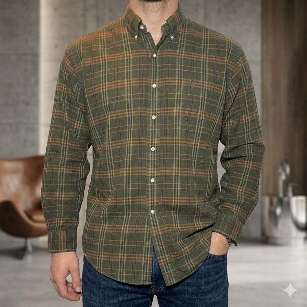 Ralph Lauren Blake 100% Cotton Green Orange Plaid Longsleeve Button Down Mens L